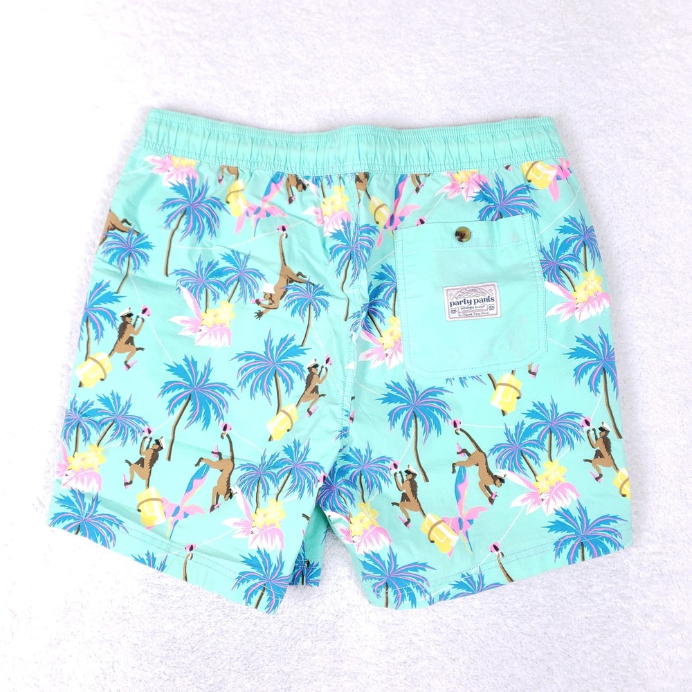 Party Pants Swim Trunks Mens M Aqua Tropical Monkey Palm Tree Beach Party Shorts - Picture 16 of 16